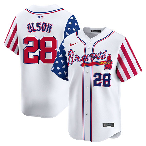 Men's Atlanta Braves #28 Matt Olson White 2024 Independence Day Vapor Limited Stitched Baseball Jersey Men's Atlanta Braves #28 Matt Olson White 2024 Independence Day Vapor Limited Stitched Baseball Jersey